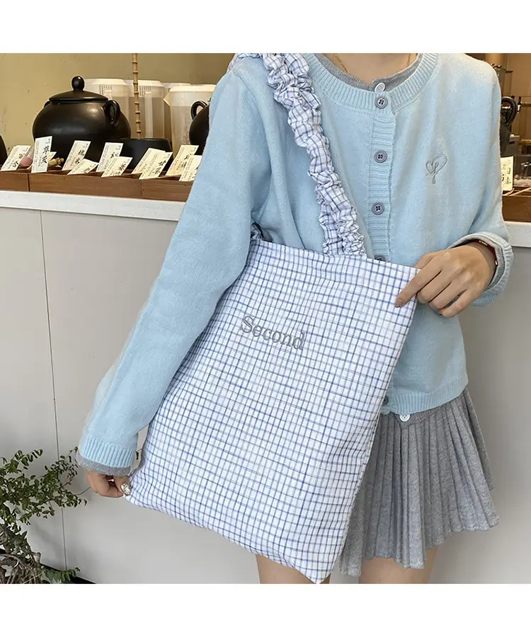 Blue Plaid Canvas Shoulder Bag for Women — feature 14
