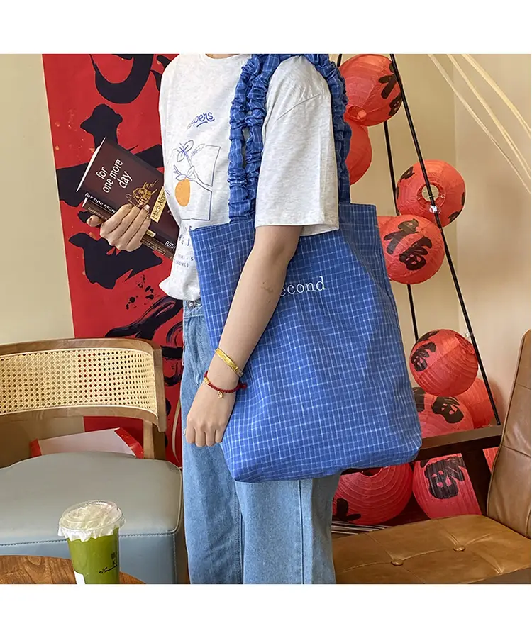 Blue Plaid Canvas Shoulder Bag for Women — feature 17