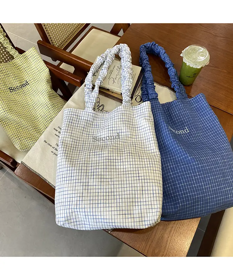 Blue Plaid Canvas Shoulder Bag for Women — feature 2