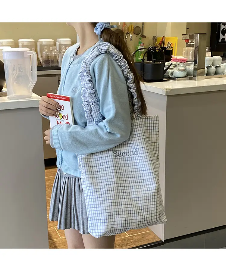 Blue Plaid Canvas Shoulder Bag for Women — feature 9