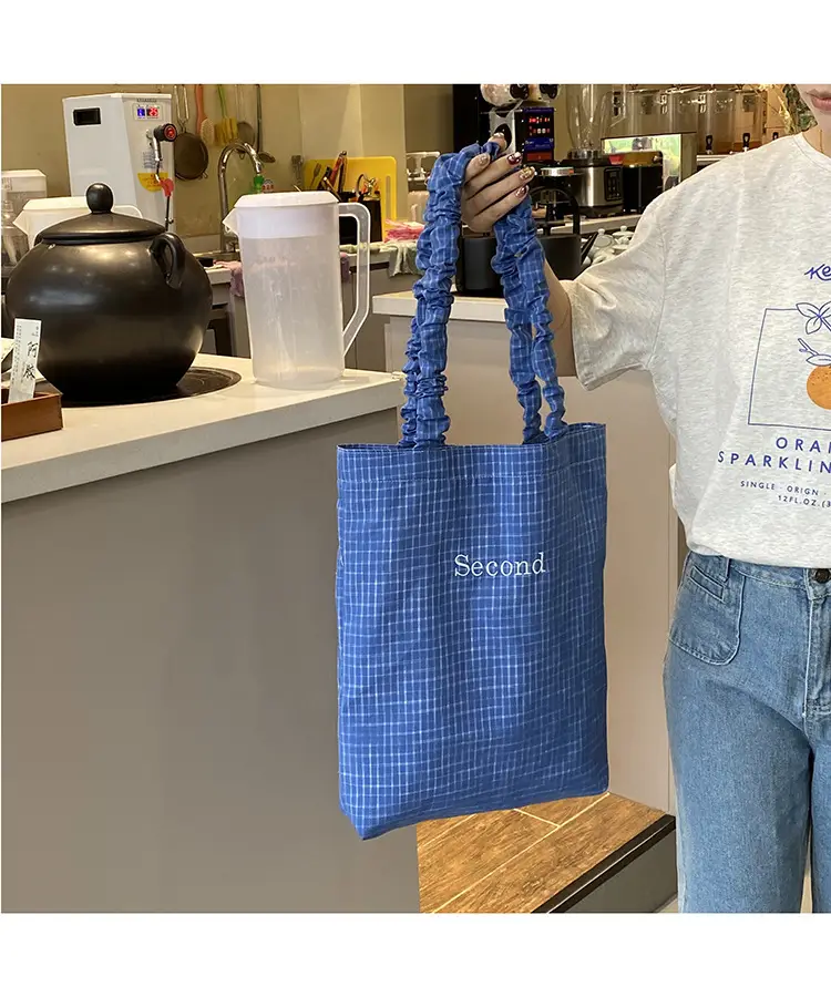 Blue Plaid Canvas Shoulder Bag for Women - Image 2