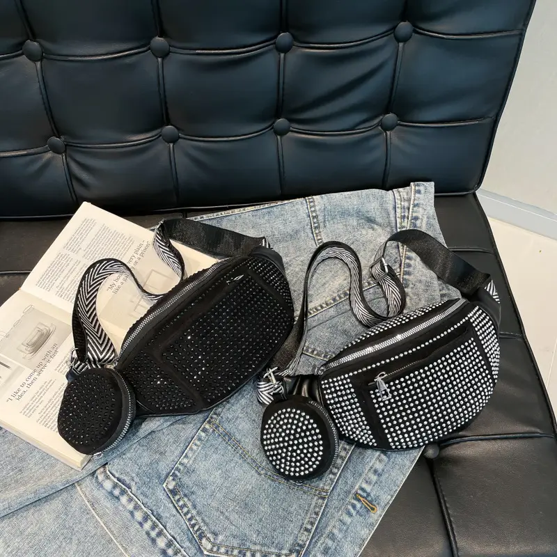 Women's Black Diamond Crossbody Bag with Wide Strap
