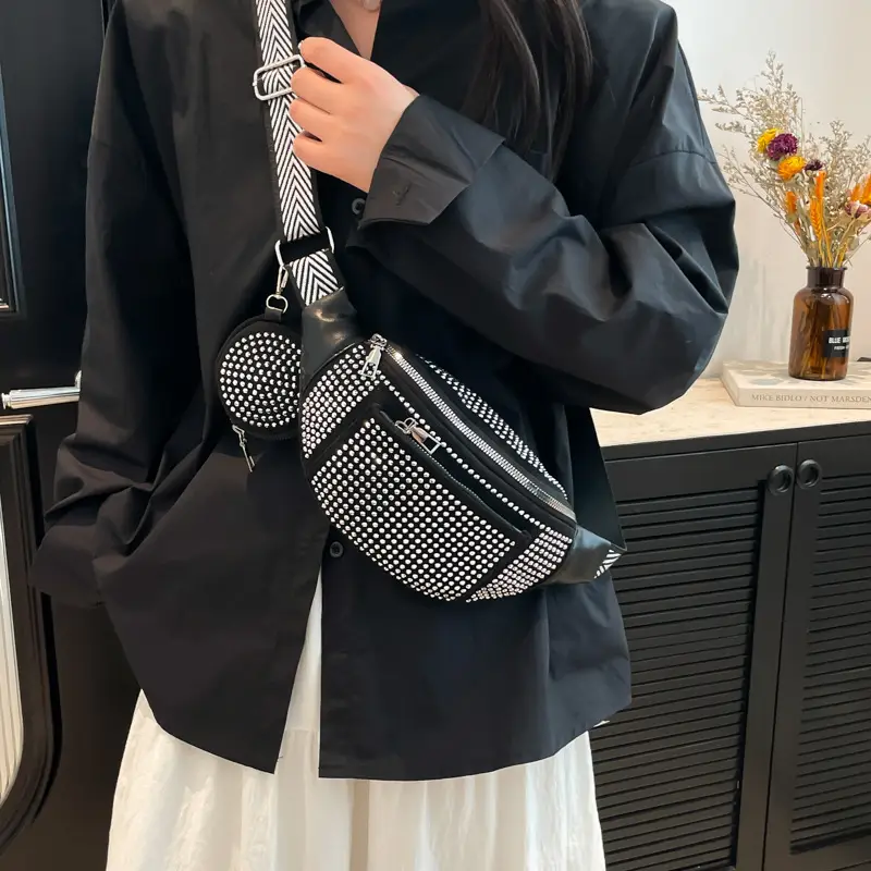 Women's Black Diamond Crossbody Bag with Wide Strap