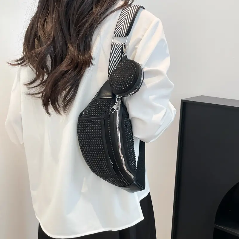 Women's Black Diamond Crossbody Bag with Wide Strap
