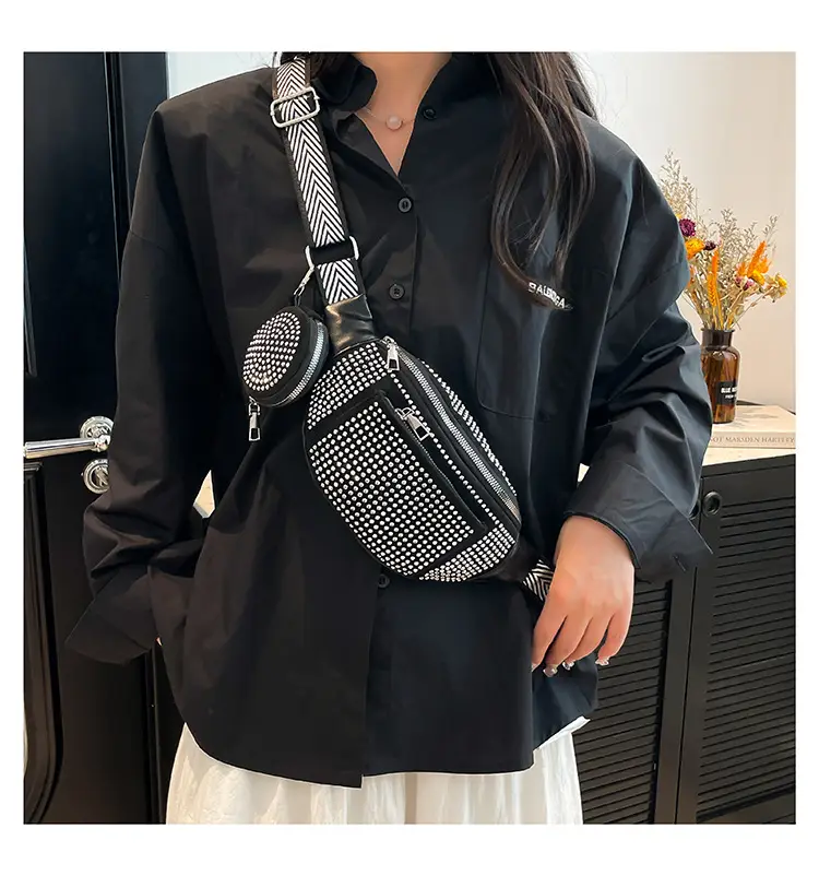 Women's Black Diamond Crossbody Bag with Wide Strap — feature 11