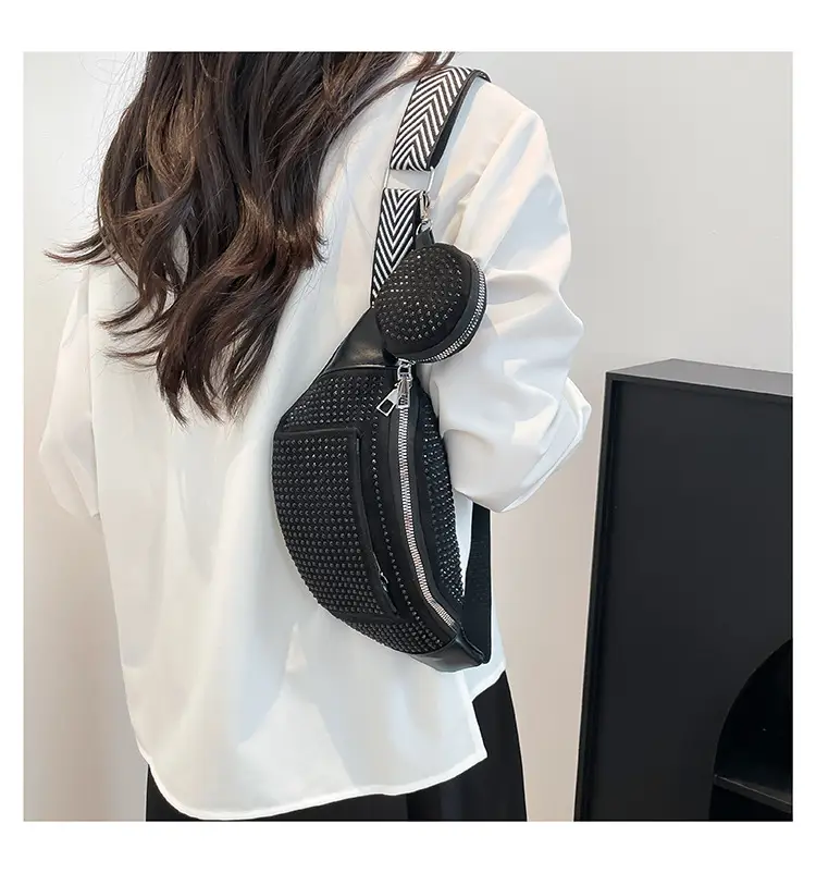 Women's Black Diamond Crossbody Bag with Wide Strap — feature 19