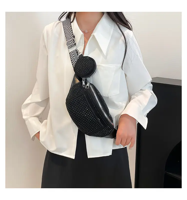 Women's Black Diamond Crossbody Bag with Wide Strap — feature 20