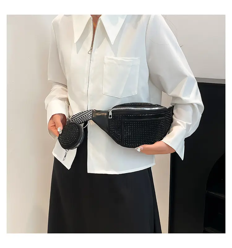 Women's Black Diamond Crossbody Bag with Wide Strap — feature 21