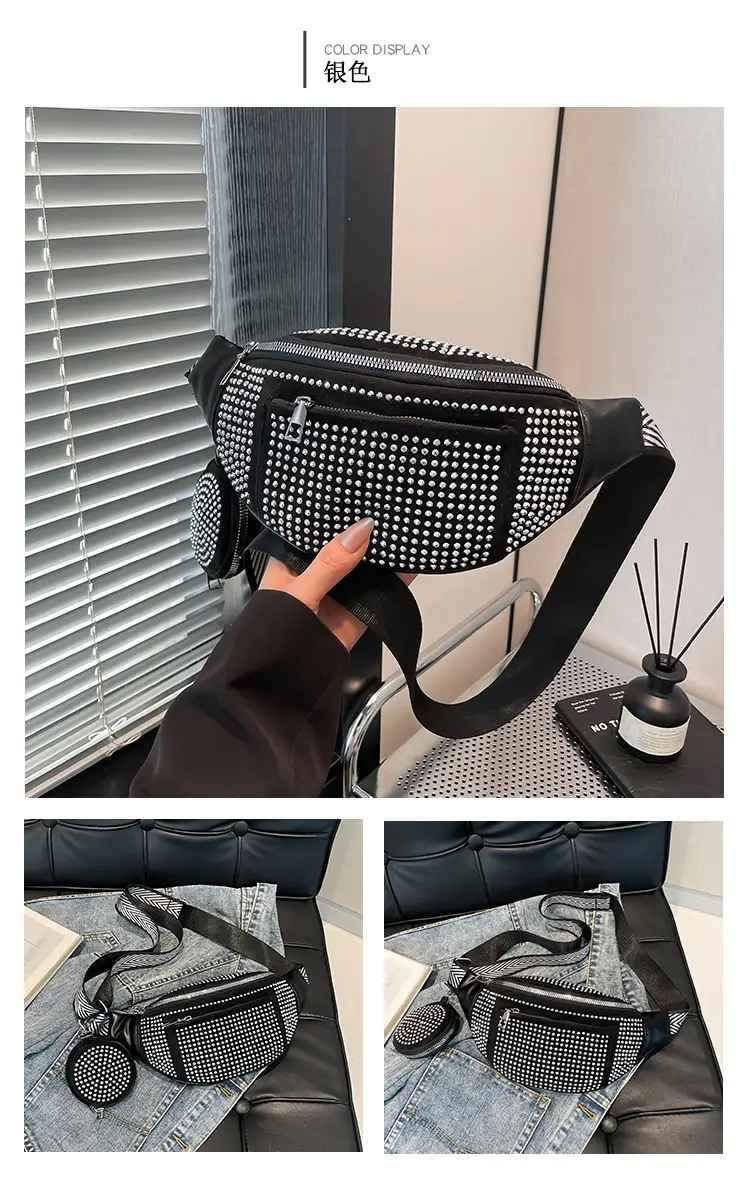 Women's Black Diamond Crossbody Bag with Wide Strap — feature 23