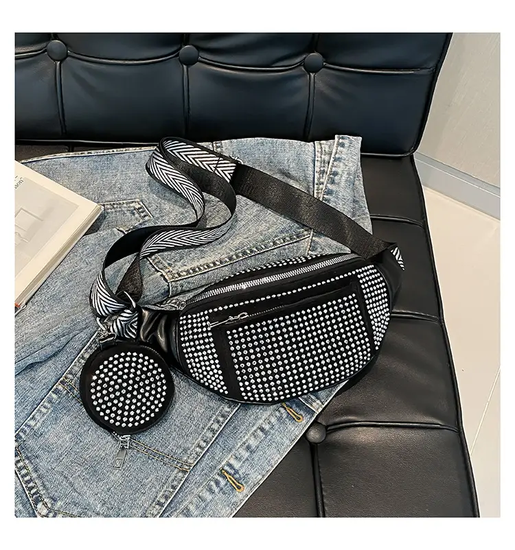 Women's Black Diamond Crossbody Bag with Wide Strap — feature 25