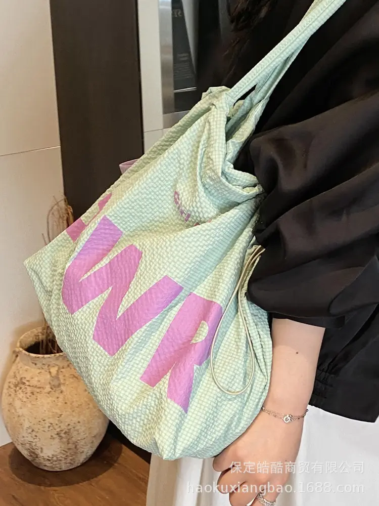 Women Canvas Drawstring Bag Yellow PWR Print Large Capacity - Image 4