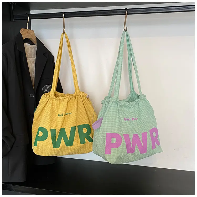 Women Canvas Drawstring Bag Yellow PWR Print Large Capacity — feature 1