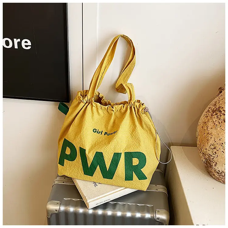 Women Canvas Drawstring Bag Yellow PWR Print Large Capacity — feature 13