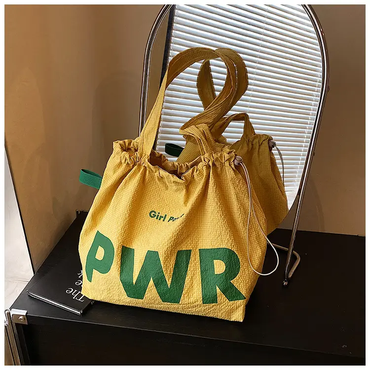 Women Canvas Drawstring Bag Yellow PWR Print Large Capacity — feature 15