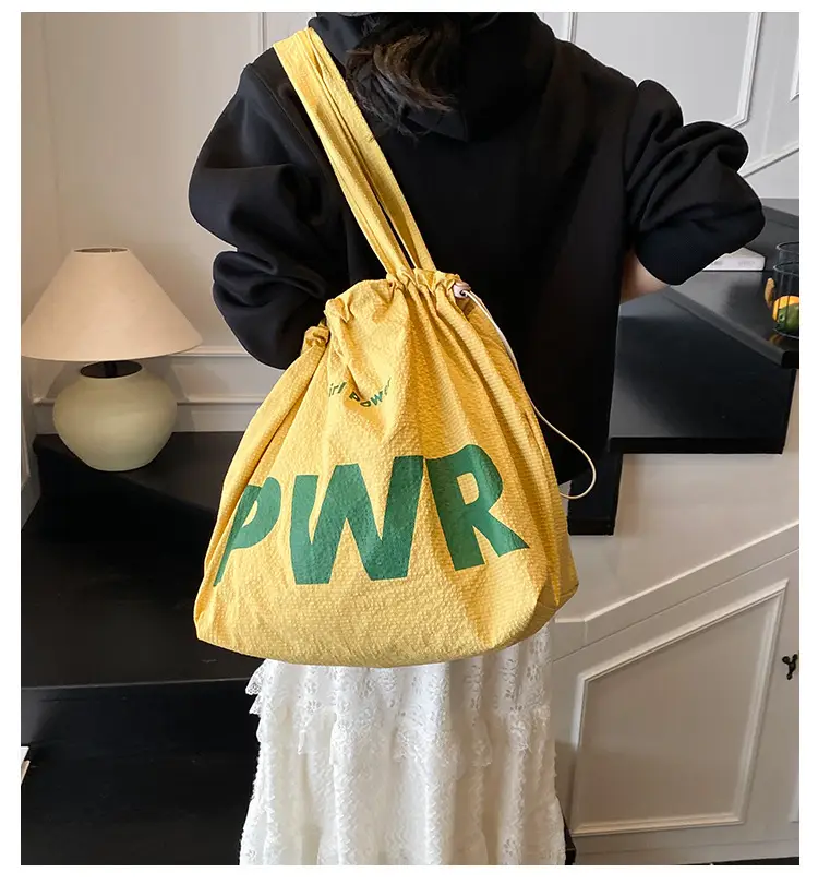 Women Canvas Drawstring Bag Yellow PWR Print Large Capacity — feature 2