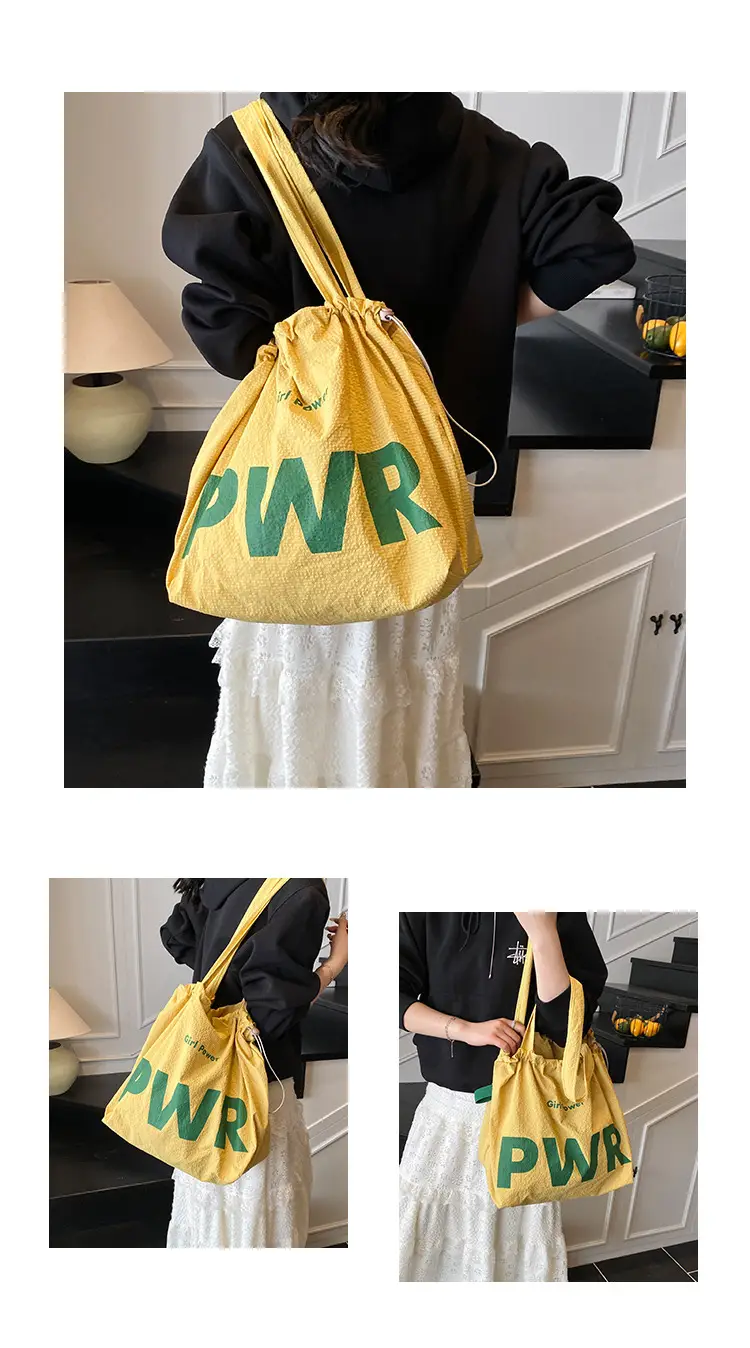 Women Canvas Drawstring Bag Yellow PWR Print Large Capacity — feature 8