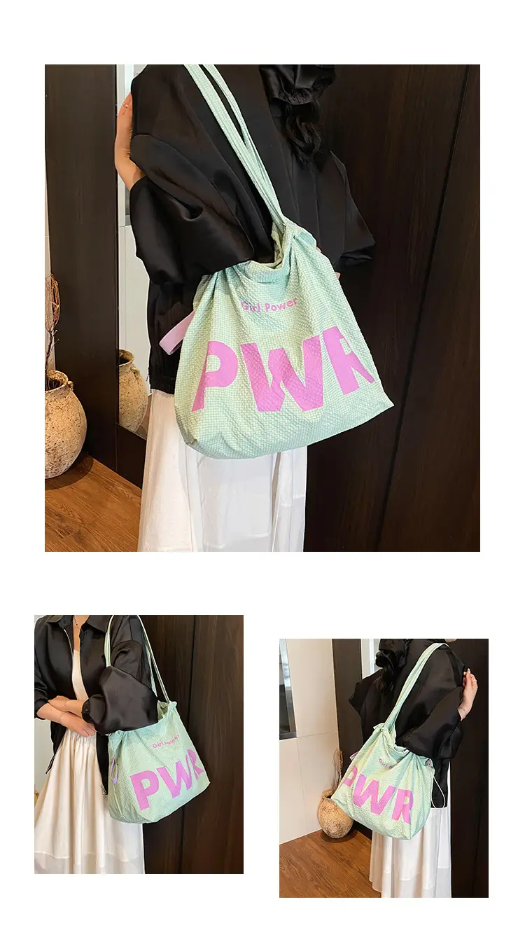 Women Canvas Drawstring Bag Yellow PWR Print Large Capacity — feature 9