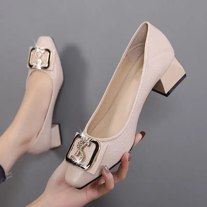 French-Style Chunky Heel Shoes for Women 2026 New Spring and Autumn Square-Toe High Heels Women's Mid-Heel Fashion Work Shoes Women's Leather Shoes - Image 2