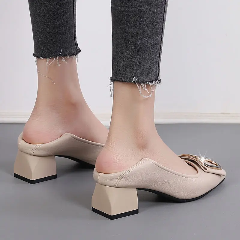 French-Style Chunky Heel Shoes for Women 2026 New Spring and Autumn Square-Toe High Heels Women's Mid-Heel Fashion Work Shoes Women's Leather Shoes - Image 3