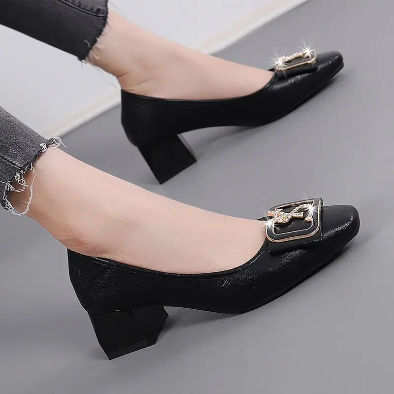 French-Style Chunky Heel Shoes for Women 2026 New Spring and Autumn Square-Toe High Heels Women's Mid-Heel Fashion Work Shoes Women's Leather Shoes - Image 4