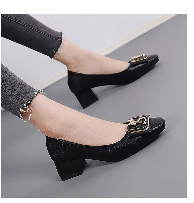 French-Style Chunky Heel Shoes for Women 2026 New Spring and Autumn Square-Toe High Heels Women's Mid-Heel Fashion Work Shoes Women's Leather Shoes — feature 11
