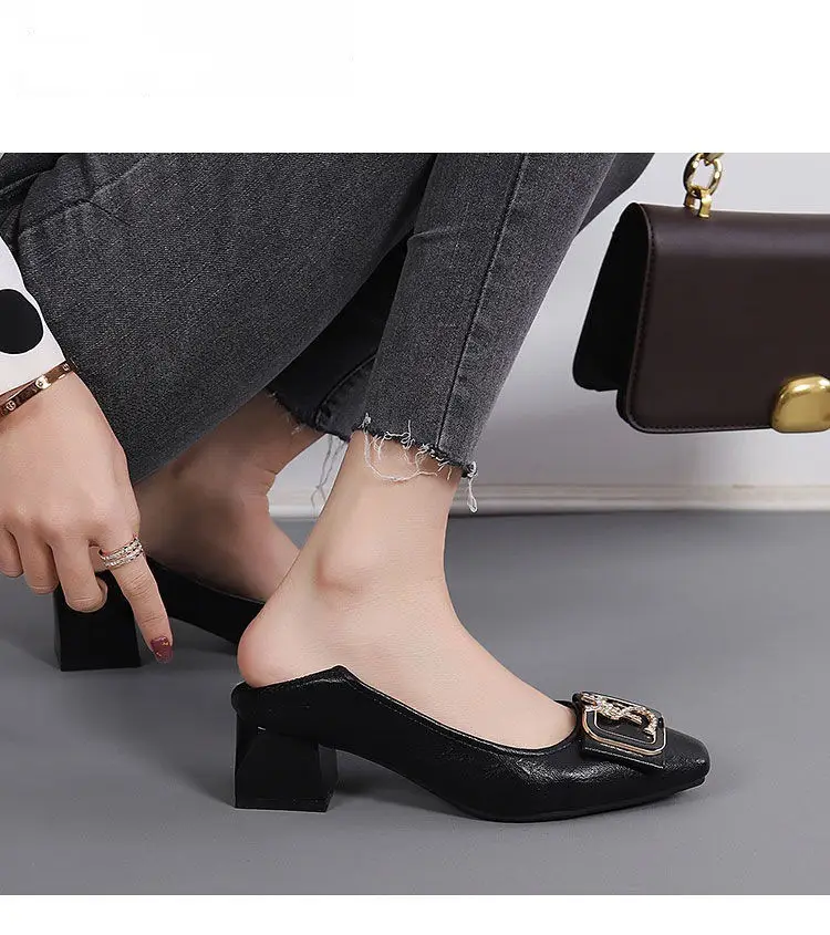 French-Style Chunky Heel Shoes for Women 2026 New Spring and Autumn Square-Toe High Heels Women's Mid-Heel Fashion Work Shoes Women's Leather Shoes — feature 12