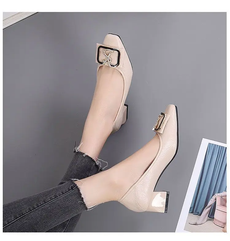 French-Style Chunky Heel Shoes for Women 2026 New Spring and Autumn Square-Toe High Heels Women's Mid-Heel Fashion Work Shoes Women's Leather Shoes — feature 9
