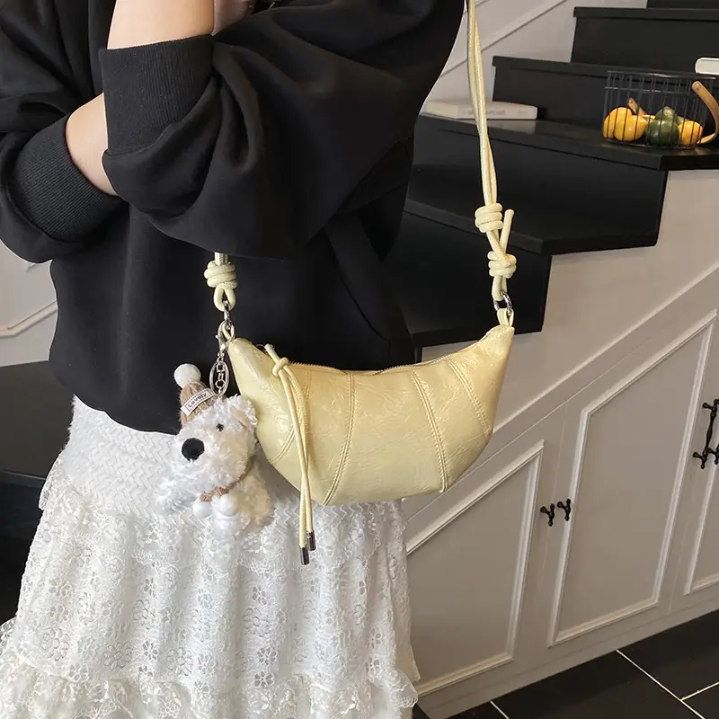 Women's Yellow Embossed Leather Shoulder Bag with Detachable Handle - Image 7