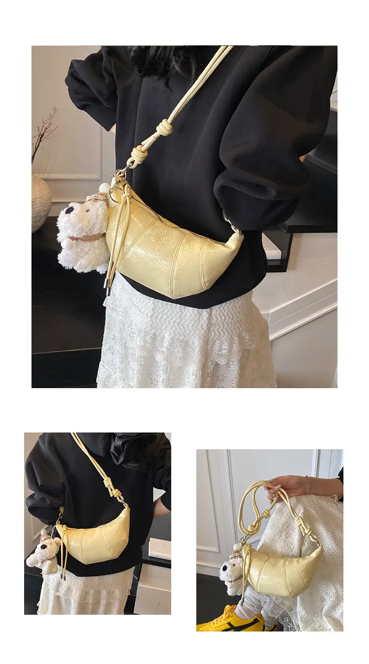 Women's Yellow Embossed Leather Shoulder Bag with Detachable Handle — feature 11