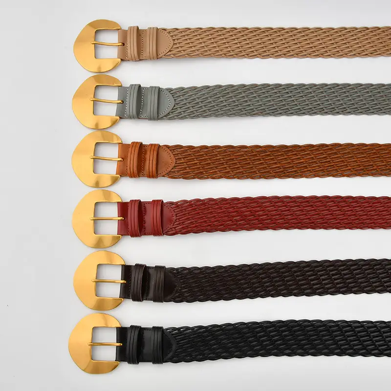 Women's Red Woven Belt with Gold Moon Buckle - Image 7
