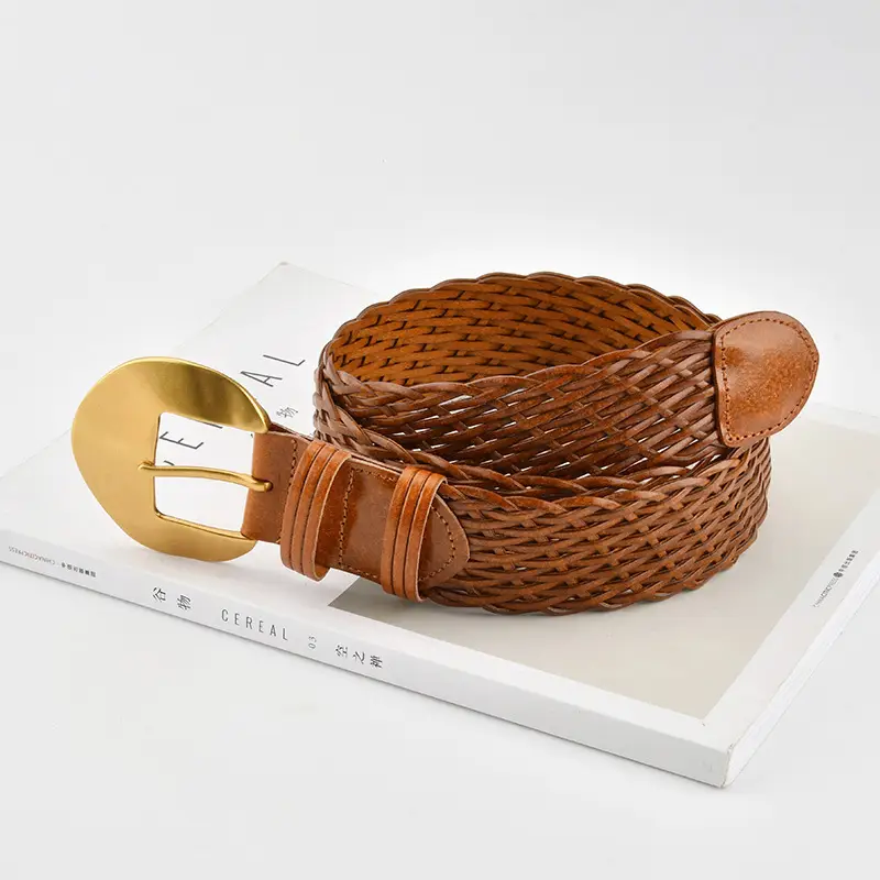 Women's Red Woven Belt with Gold Moon Buckle - Image 8