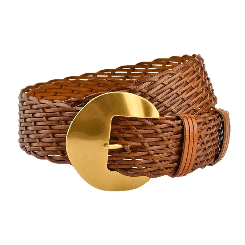 Women's Red Woven Belt with Gold Moon Buckle - Image 10