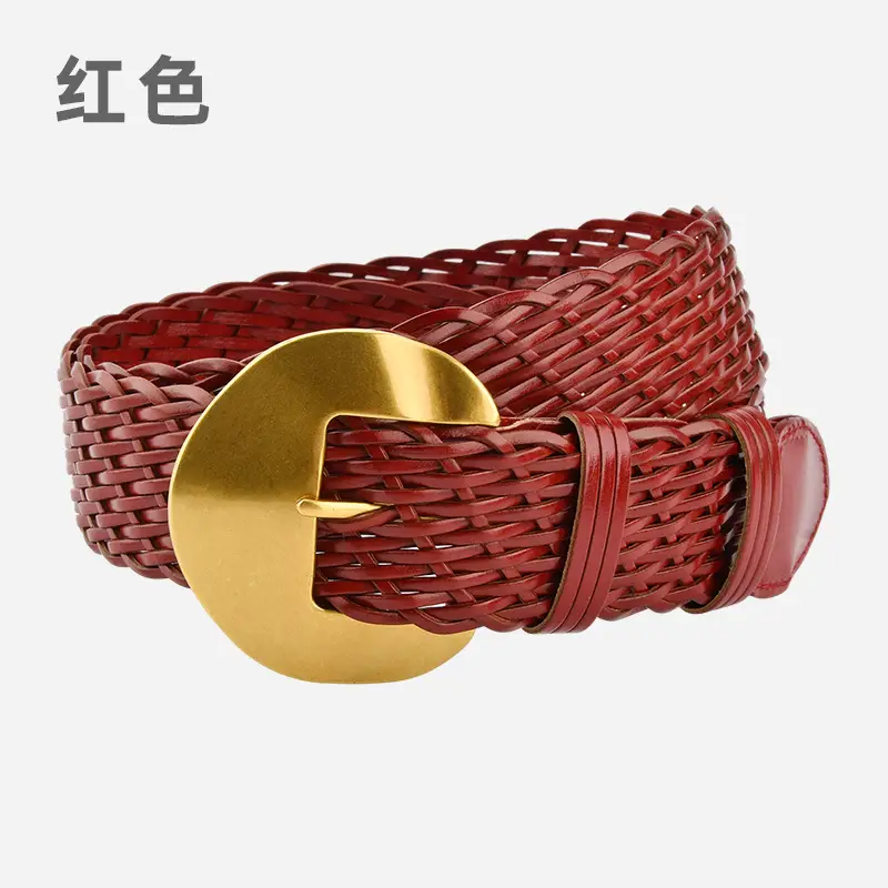 Women's Red Woven Belt with Gold Moon Buckle - Image 2