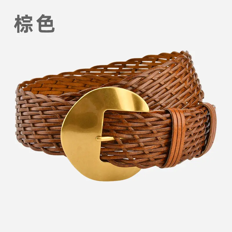 Women's Red Woven Belt with Gold Moon Buckle - Image 5