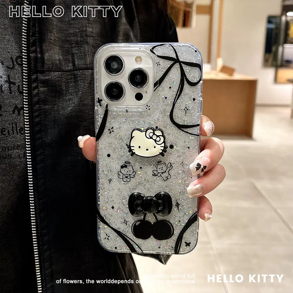 Hello Kitty Glitter Black Bow iPhone 16 Case with Leather Strap - Image 2
