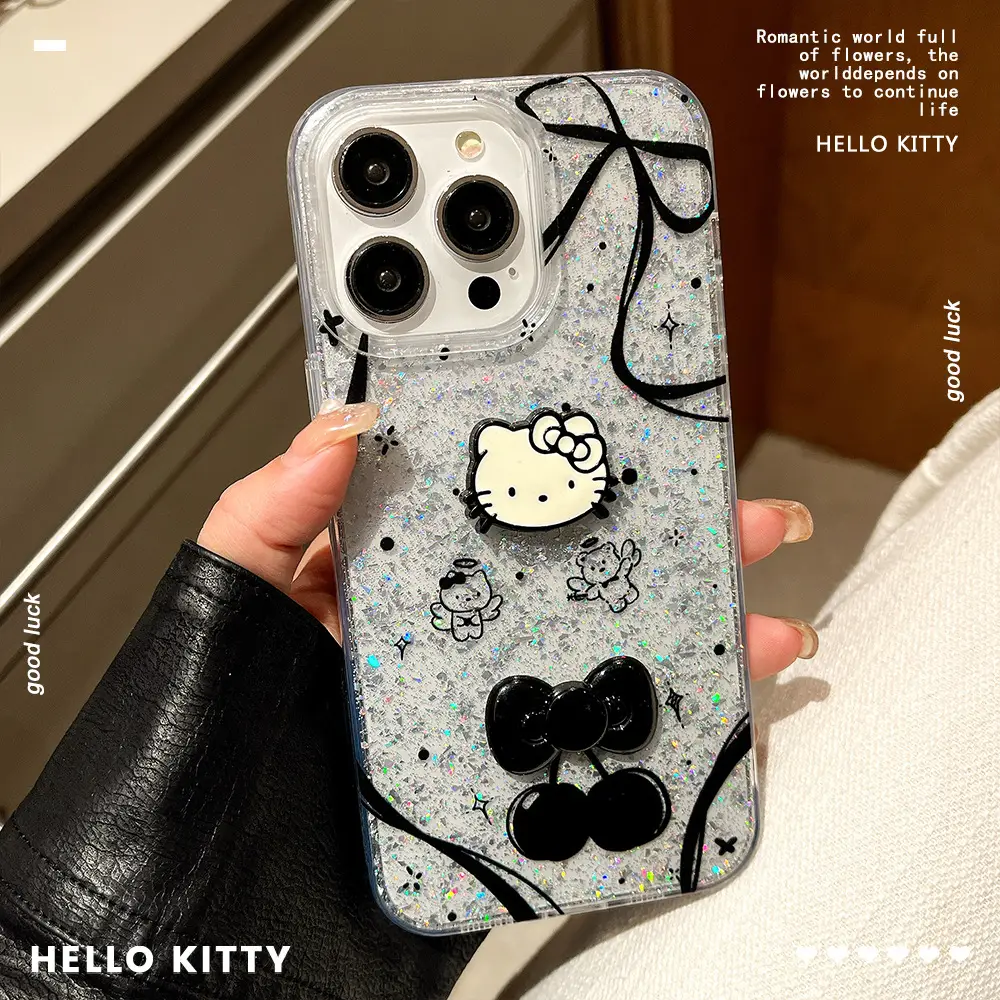 Hello Kitty Glitter Black Bow iPhone 16 Case with Leather Strap - Image 3
