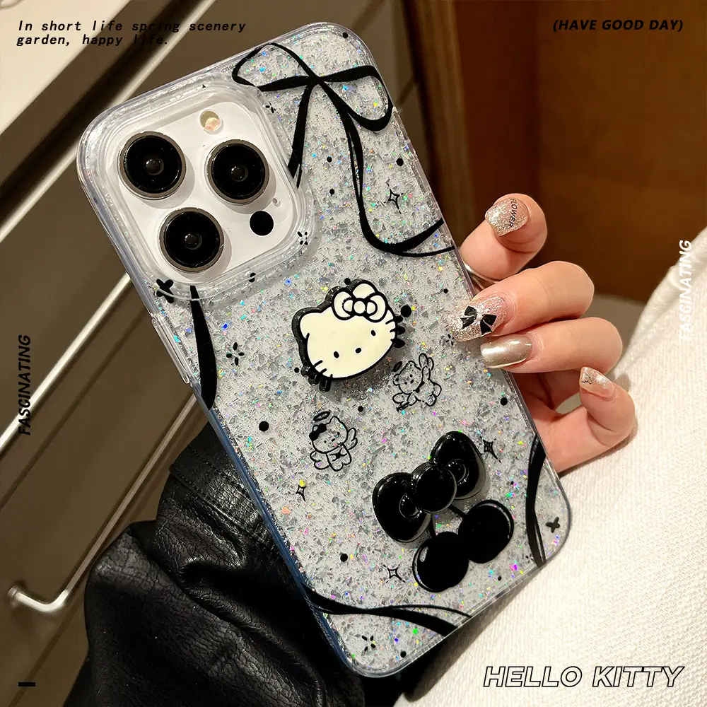 Hello Kitty Glitter Black Bow iPhone 16 Case with Leather Strap - Image 4