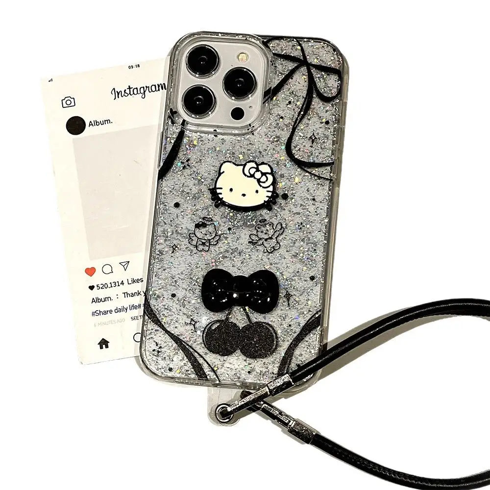 Hello Kitty Glitter Black Bow iPhone 16 Case with Leather Strap - Image 5