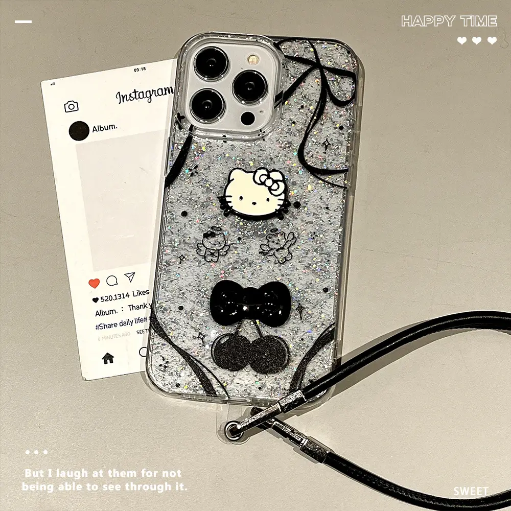Hello Kitty Glitter Black Bow iPhone 16 Case with Leather Strap — feature 5