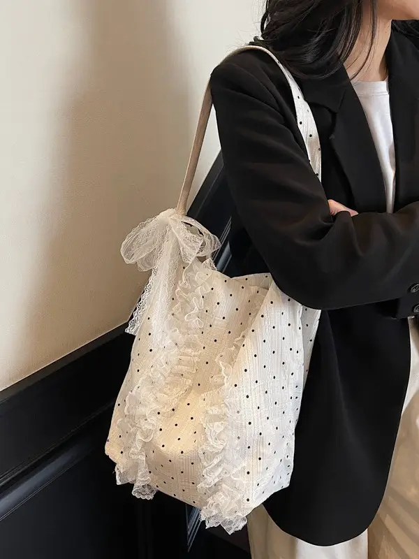 Women's Lace Shoulder Bag with Polka Dot Design - Image 5