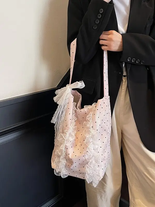 Women's Lace Shoulder Bag with Polka Dot Design - Image 7