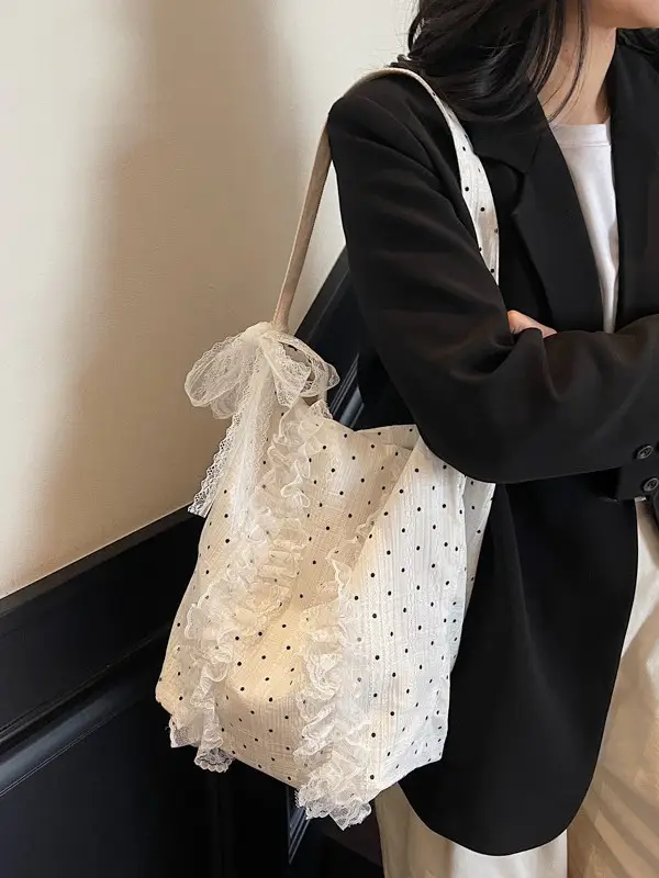 Women's Lace Shoulder Bag with Polka Dot Design - Image 8