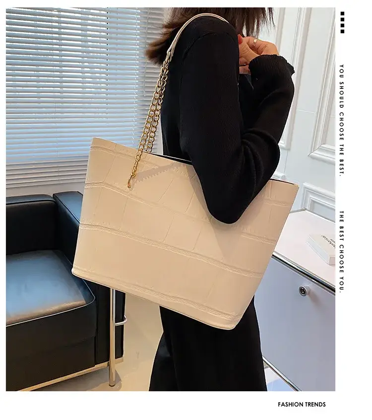 White Croc-Textured Shoulder Tote Bag for Women — feature 1