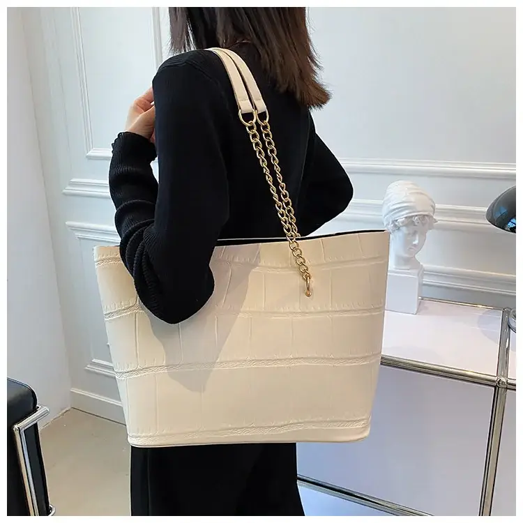 White Croc-Textured Shoulder Tote Bag for Women — feature 12