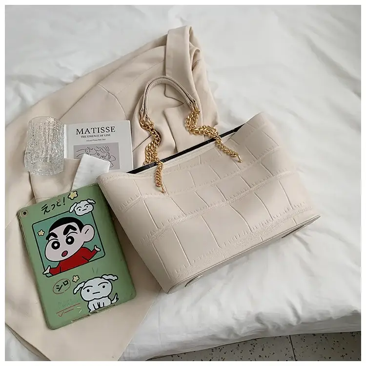 White Croc-Textured Shoulder Tote Bag for Women — feature 32