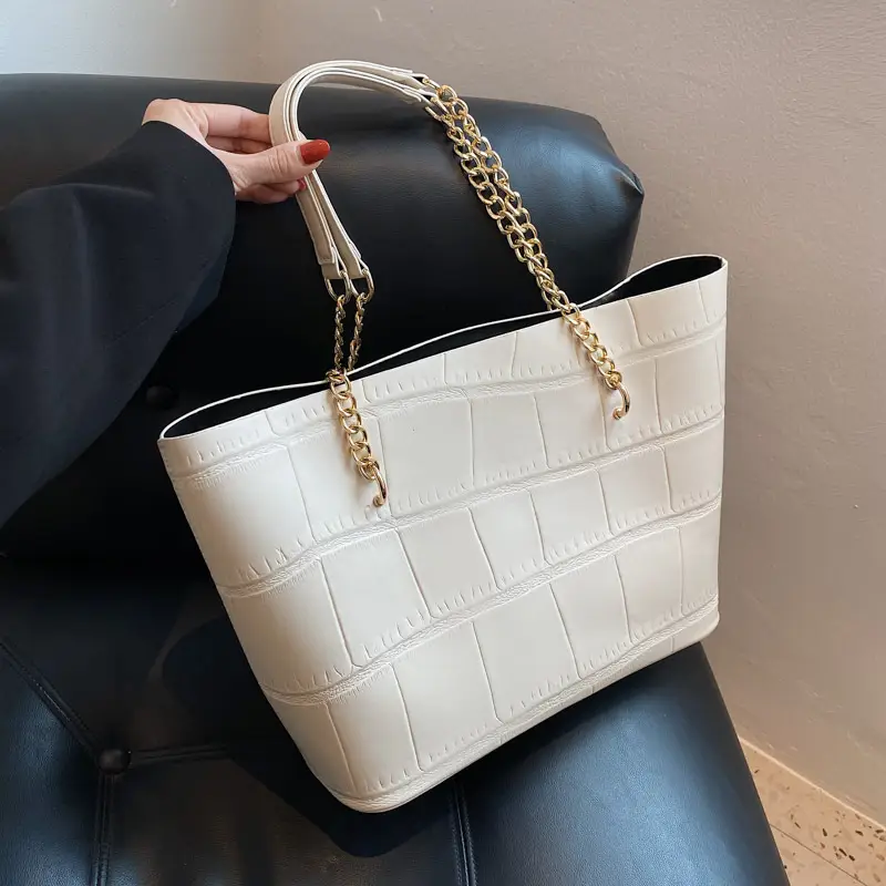 White Croc-Textured Shoulder Tote Bag for Women - Image 2