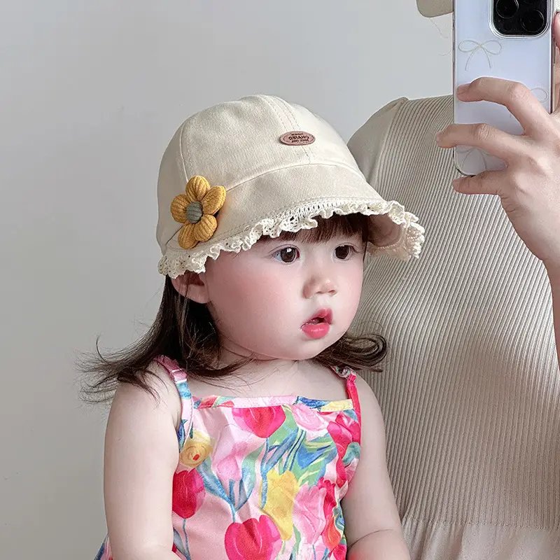 Black Floral Baby Cap with Lace Trim - Image 5