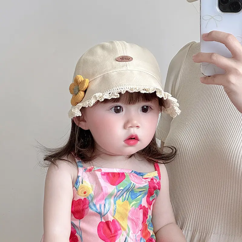 Black Floral Baby Cap with Lace Trim - Image 6