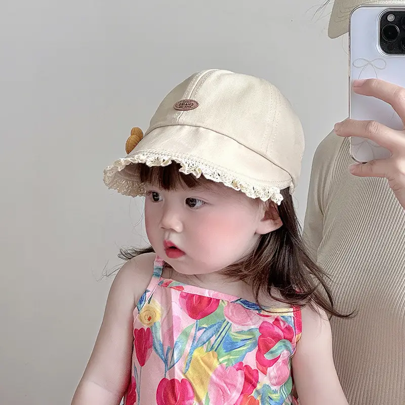 Black Floral Baby Cap with Lace Trim - Image 7