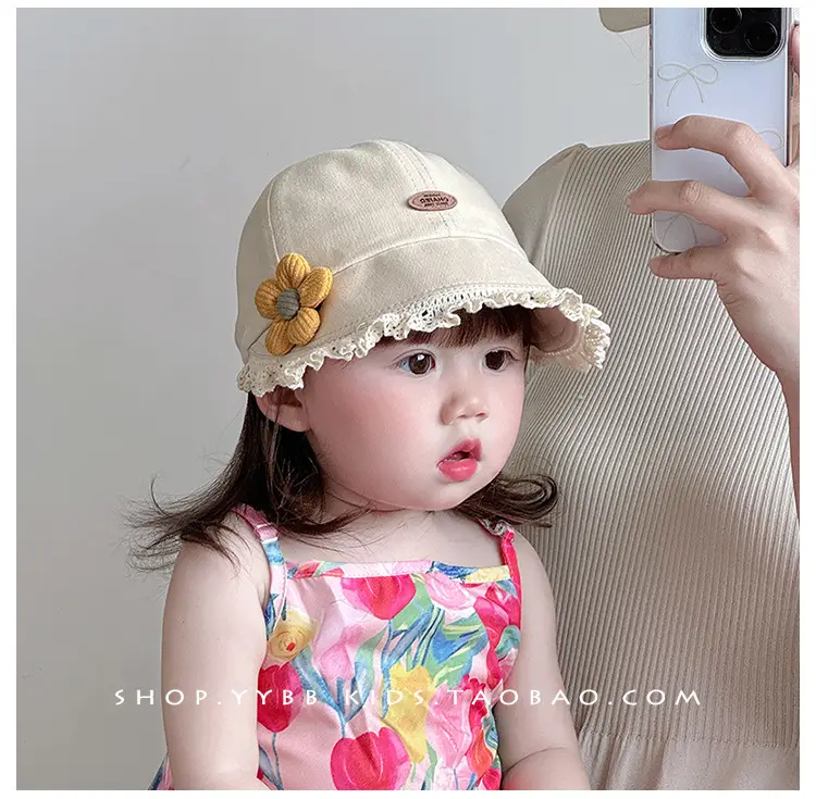Black Floral Baby Cap with Lace Trim — feature 1